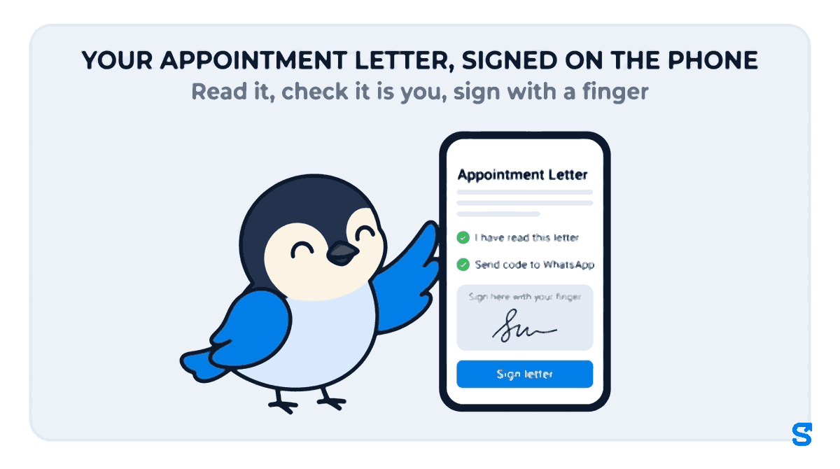 Flat infographic headed YOUR APPOINTMENT LETTER, SIGNED ON THE PHONE, subtitle Read it, check it is you, sign with a finger. A tall staff phone shows Appointment Letter, a ticked row I have read this letter, a row Send code to WhatsApp, a box Sign here with your finger holding a drawn signature, and a blue Sign letter button. Chiri the bird stands beside the phone and presses the Sign letter button with the tip of one wing.