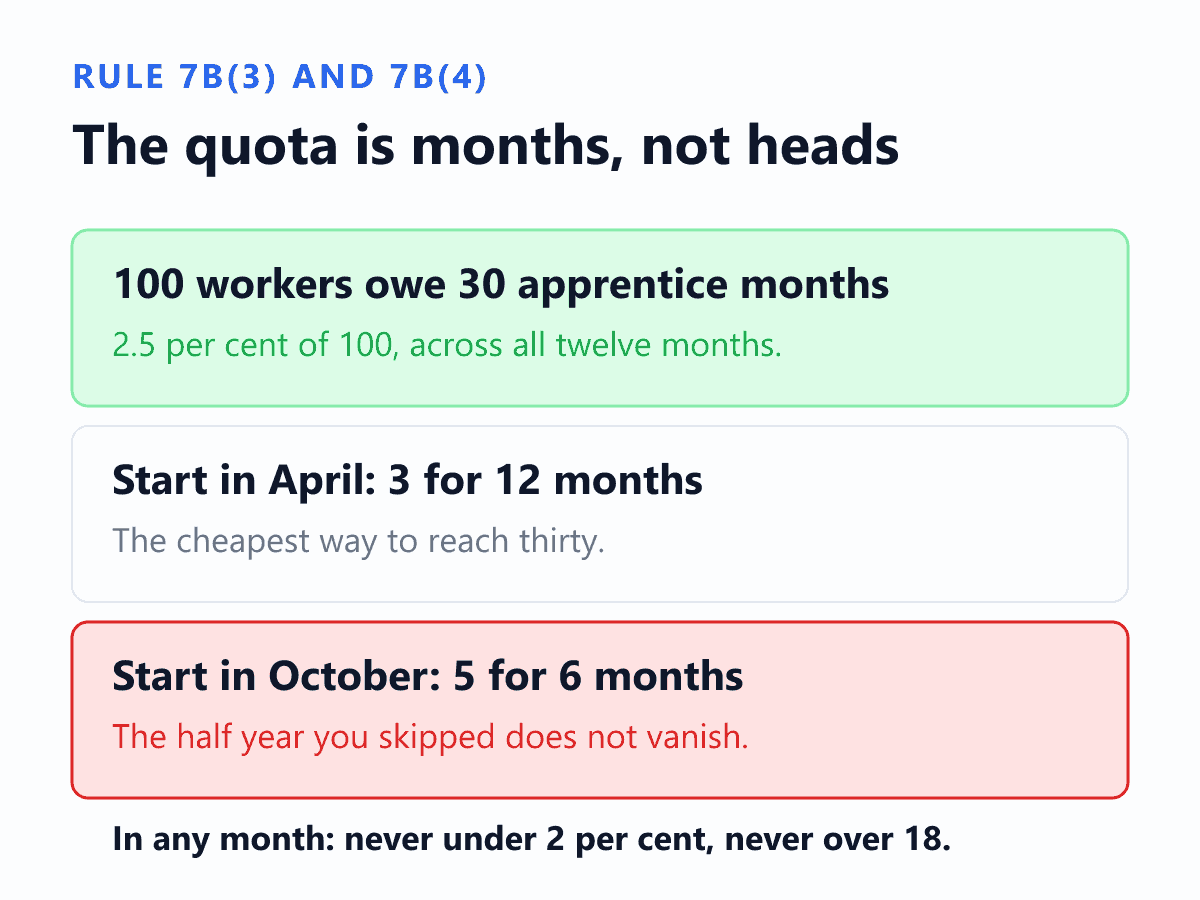 How the 2.5 per cent apprenticeship obligation under rule 7B of the Apprenticeship Rules, 1992 is measured in apprentice months rather than in heads at a point in time. An establishment of one hundred workers owes thirty apprentice months across the financial year, being 2.5 per cent of one hundred multiplied by twelve months. An employer who starts in April meets that with three apprentices held for twelve months. An employer who has already let half the year go and starts in October needs five apprentices for the six months that remain, because the unused half of the year is not written off. A closing line states the monthly limits: in no single month may the number fall below 2 per cent or rise above 18 per cent of total strength.