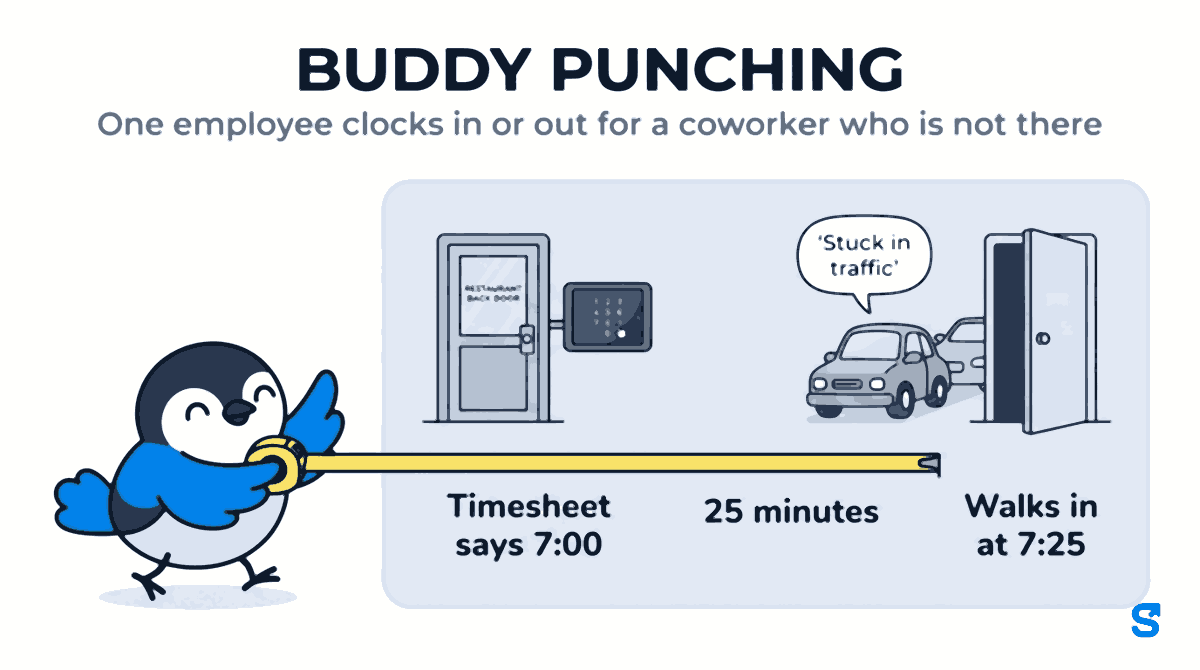 Flat infographic titled Buddy punching: a tablet time clock by a restaurant back door with a key just tapped records Timesheet says 7:00, while a car Stuck in traffic and a half-open door labelled Walks in at 7:25 show the real arrival, a 25 minutes gap the mascot measures with a tape.