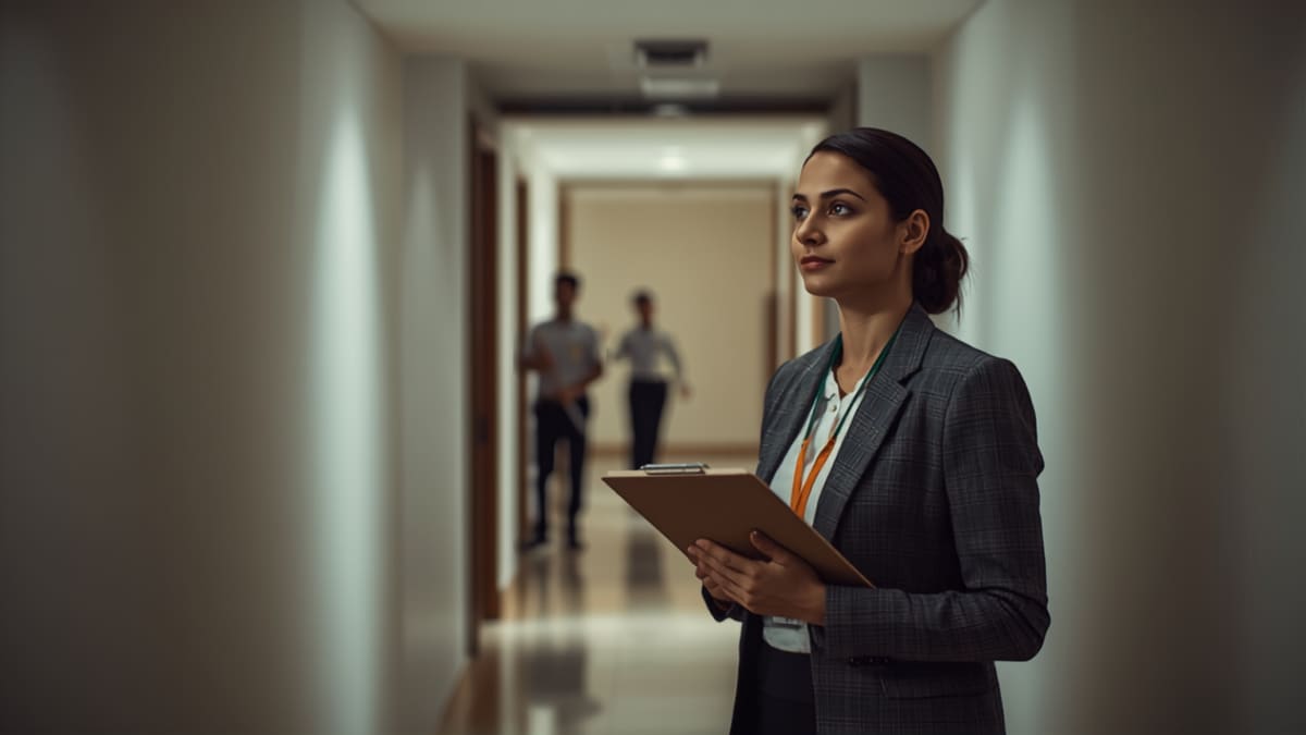 A facility management client's admin officer in a grey checked blazer and a lanyard walks a shopping mall service corridor holding a clipboard, looking off to one side as she counts the staff she can see. Two uniformed workers stand far down the corridor behind her, out of focus and partly hidden by a doorway.