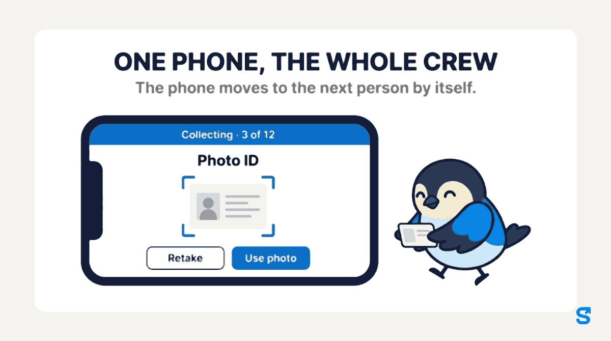 Infographic headed ONE PHONE, THE WHOLE CREW: a large phone screen in the Collect for them flow reads Collecting · 3 of 12 and Photo ID, shows a plain identity card in the camera frame with Retake and Use photo buttons below, while Chiri the blue bird walks towards it carrying the next blank card.