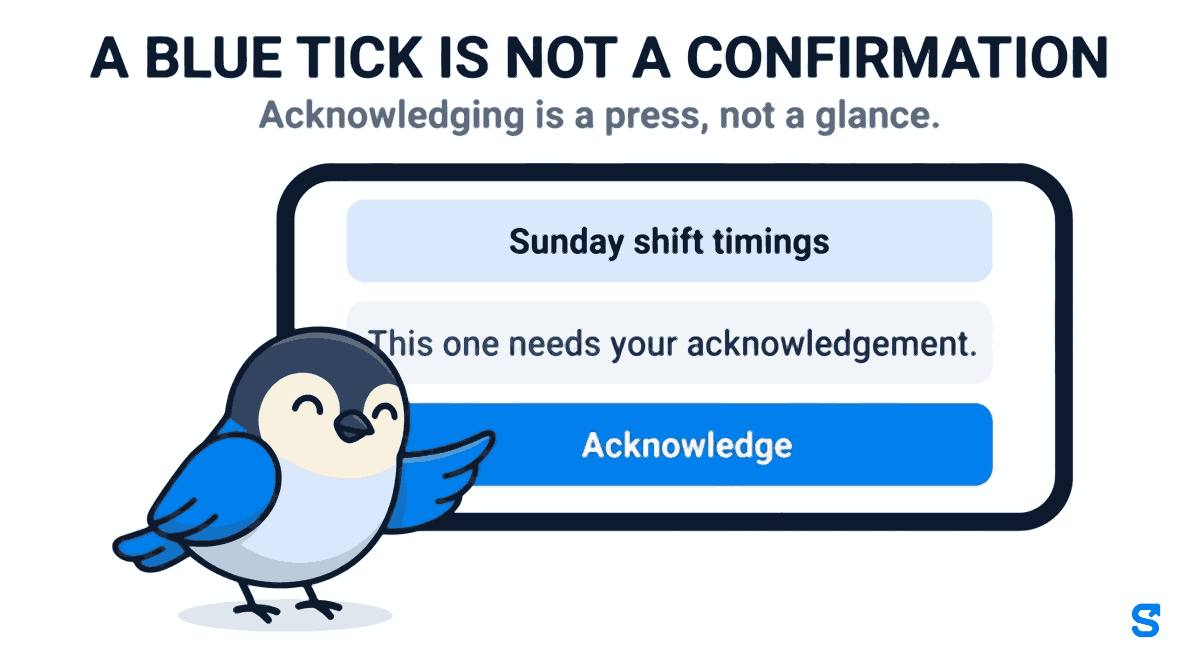 A phone screen showing a company notice that asks the reader to confirm they have read it. The notice is headed Sunday shift timings, beneath it a line reads This one needs your acknowledgement, and below that sits a solid blue button marked Acknowledge. A pressed button is a deliberate act by a named person, which is a different and stronger record than a chat app read receipt that only shows a message was scrolled past.