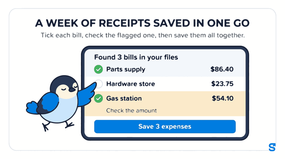 Flat illustration of a wide phone screen titled Found 3 bills in your files, listing Parts supply $86.40, Hardware store $23.75 and Gas station $54.10 with an amber Check the amount line, and a Save 3 expenses button, while Chiri the bird taps the tick on one bill.