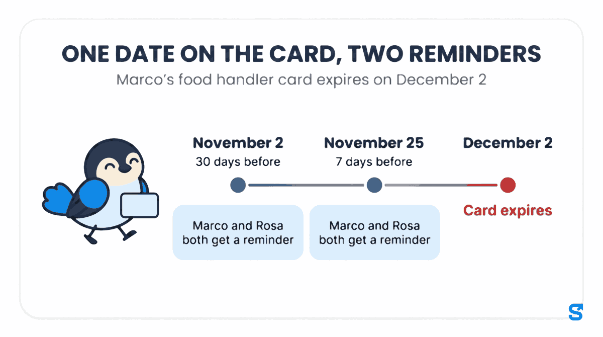 Flat infographic headed One date on the card, two reminders: Marco's food handler card expires on December 2, with a timeline showing November 2, 30 days before, and November 25, 7 days before, when Marco and Rosa both get a reminder, ending at December 2 when the card expires; a small blue bird walks along carrying a blank card.