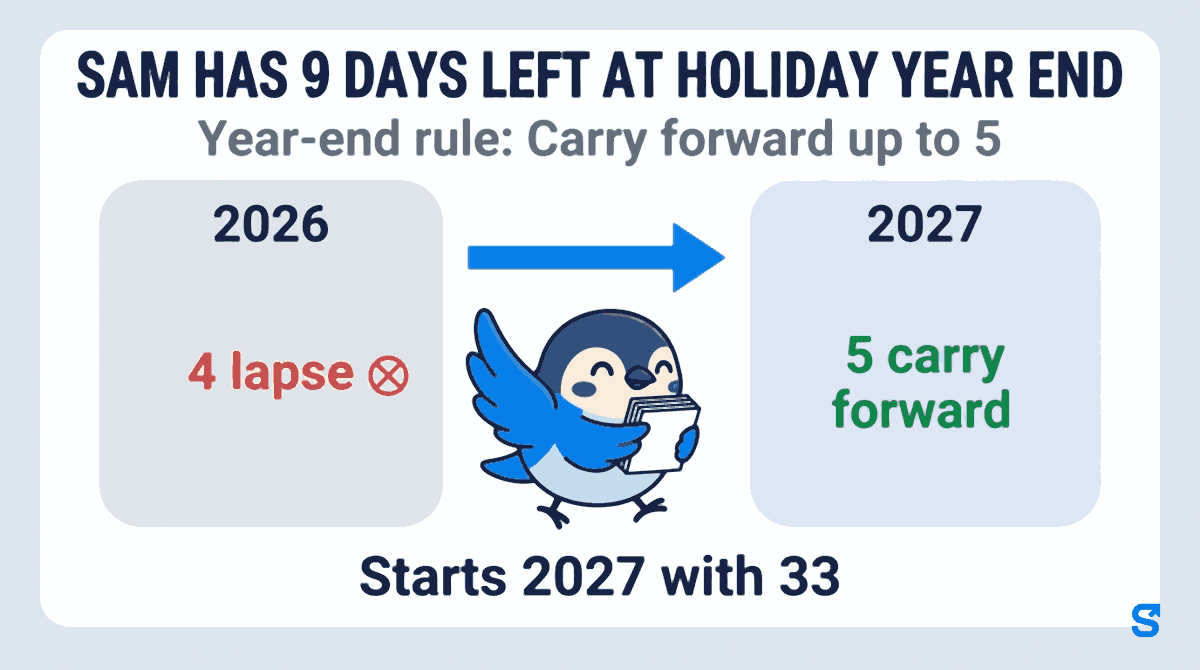 Flat infographic headed SAM HAS 9 DAYS LEFT AT HOLIDAY YEAR END with the rule Carry forward up to 5: one side shows 5 carry forward in green into 2027, the other 4 lapse in red, and below it Starts 2027 with 33, while Chiri the bird carries a small stack of blank calendar pages across to the 2027 side.