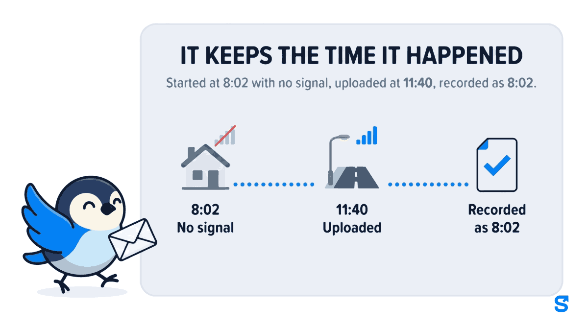 Infographic headed It keeps the time it happened, with the line started at 8:02 with no signal, uploaded at 11:40, recorded as 8:02. A path runs left to right from a house with a crossed-out signal icon labelled 8:02 No signal, to a street with full signal bars labelled 11:40 Uploaded, to an office record card labelled Recorded as 8:02. A small bird walks along carrying a sealed envelope.