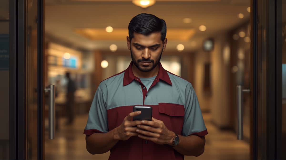 A housekeeping worker in a grey and maroon uniform shirt stands inside the glass staff entrance of a shopping mall at the start of his shift, holding a smartphone in both hands and looking down at it as he marks his attendance. The lit mall concourse is visible behind him, out of focus.