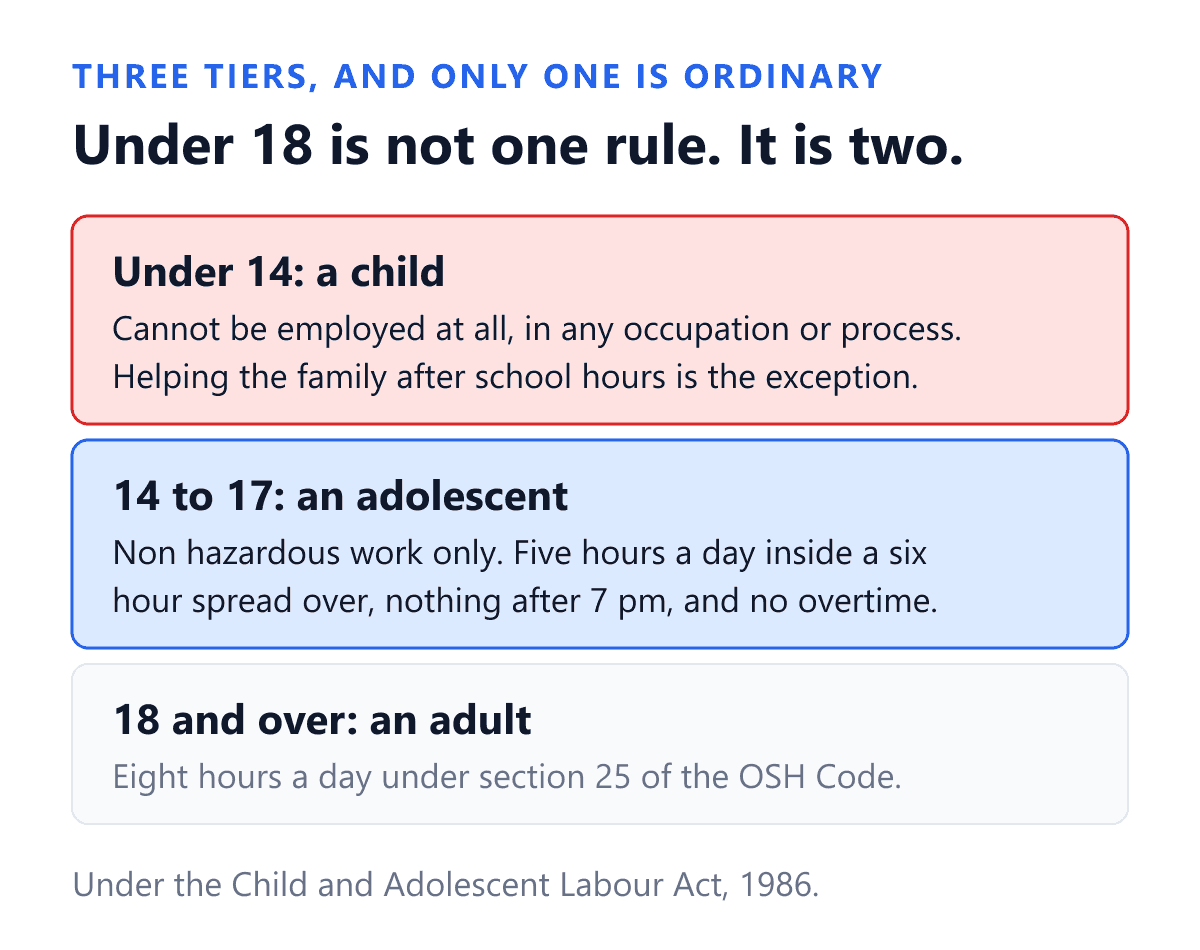 Three age tiers that decide whether an Indian employer may put a person to work, under the Child and Adolescent Labour (Prohibition and Regulation) Act, 1986 read with the Occupational Safety, Health and Working Conditions Code, 2020. Tier one, under fourteen years, is a child: section 3 bars employment in any occupation or process at all, with narrow exceptions for helping a family enterprise after school hours and for work as an artist in audio visual entertainment. Tier two, fourteen to seventeen, is an adolescent: section 3A bars all hazardous occupations and processes in the Schedule, and section 7 caps the rest at five hours of work inside a six hour spread over, with nothing between 7 pm and 8 am and no overtime at all. Tier three, eighteen and over, is an adult and works the ordinary eight hour day set by section 25 of the OSH Code.