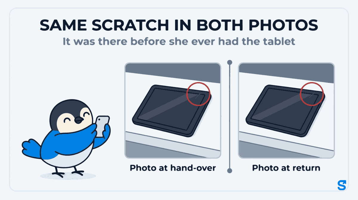 Flat illustration comparing two condition photos of the same order tablet, one labelled Photo at hand-over and one labelled Photo at return, each with the same small scratch circled in red on the same corner, under the headline Same scratch in both photos, while a small grey bird mascot takes a photo with a phone.