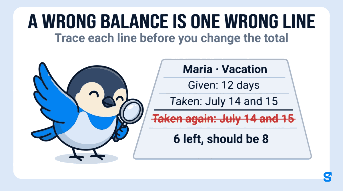 Flat illustration: headline A wrong balance is one wrong line. A paper leave record for Maria, Vacation, lists Given: 12 days, Taken: July 14 and 15, and in red Taken again: July 14 and 15, ending 6 left, should be 8, while the bird mascot Chiri holds a magnifying glass over the sheet to trace each line.