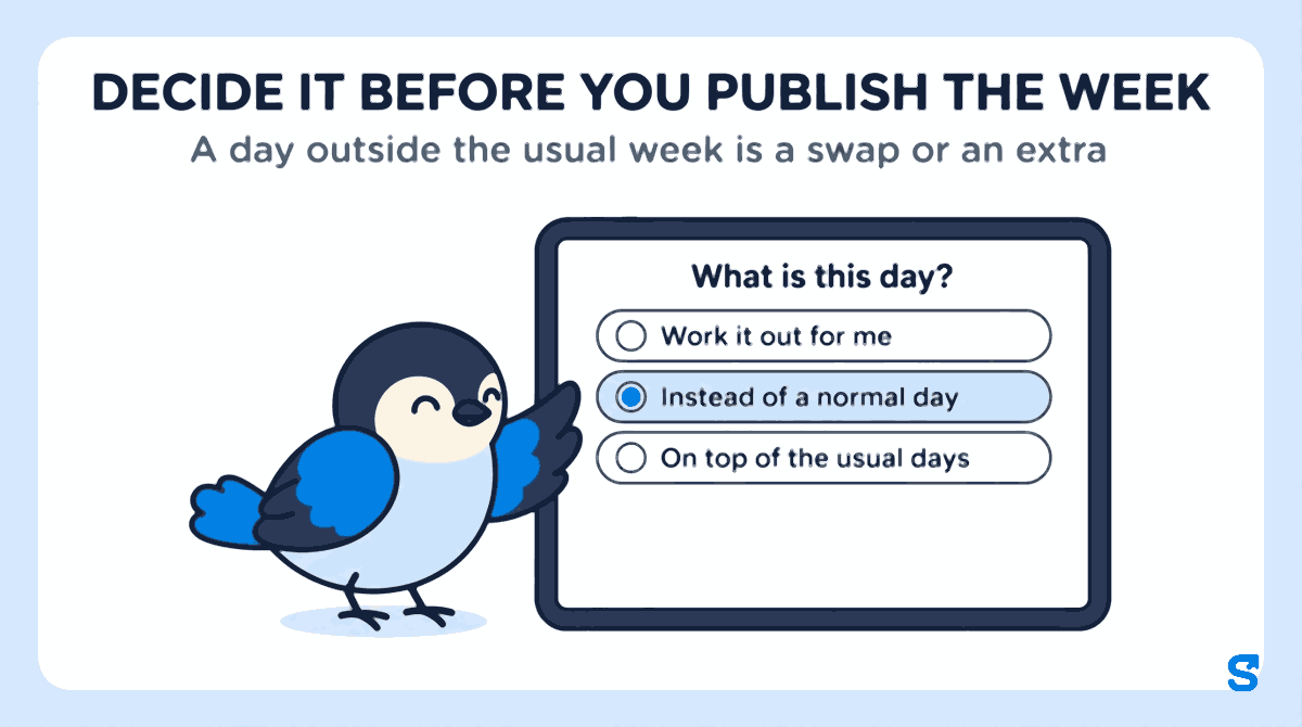 Tablet showing the Shiftelio roster question What is this day? with three choices: Work it out for me, Instead of a normal day, and On top of the usual days. A small bird presses Instead of a normal day. The headline says decide it before you publish the week.