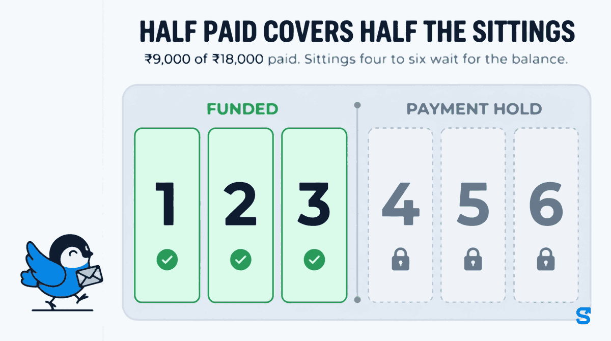 A flat infographic headed half paid covers half the sittings, with the line 9,000 of 18,000 rupees paid, sittings four to six wait for the balance. Six numbered sitting cards run left to right. Cards 1 to 3 are green with ticks under the label funded. Cards 4 to 6 are grey with padlocks under the label payment hold. A small bird walks towards card 4 carrying a blue envelope of money.
