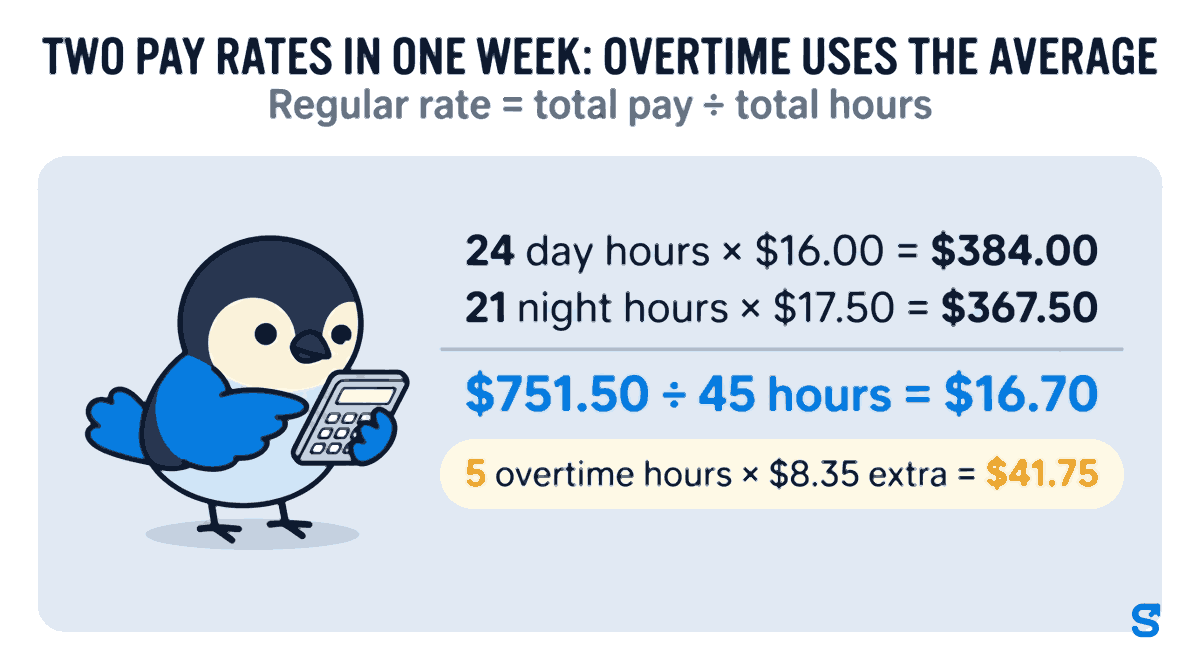 Flat illustration headed TWO PAY RATES IN ONE WEEK: OVERTIME USES THE AVERAGE: a card adds 24 day hours at $16.00 ($384.00) and 21 night hours at $17.50 ($367.50), divides $751.50 by 45 hours for a $16.70 regular rate, and shows 5 overtime hours at $8.35 extra = $41.75, while the blue mascot bird works it out on a calculator.