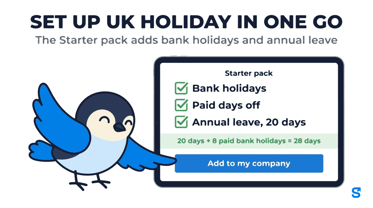 Infographic headed SET UP UK HOLIDAY IN ONE GO with the subtitle The Starter pack adds bank holidays and annual leave. A landscape tablet shows the Starter pack screen with three ticked rows, Bank holidays, Paid days off and Annual leave, 20 days, and a green line 20 days + 8 paid bank holidays = 28 days. Chiri taps the Add to my company button.