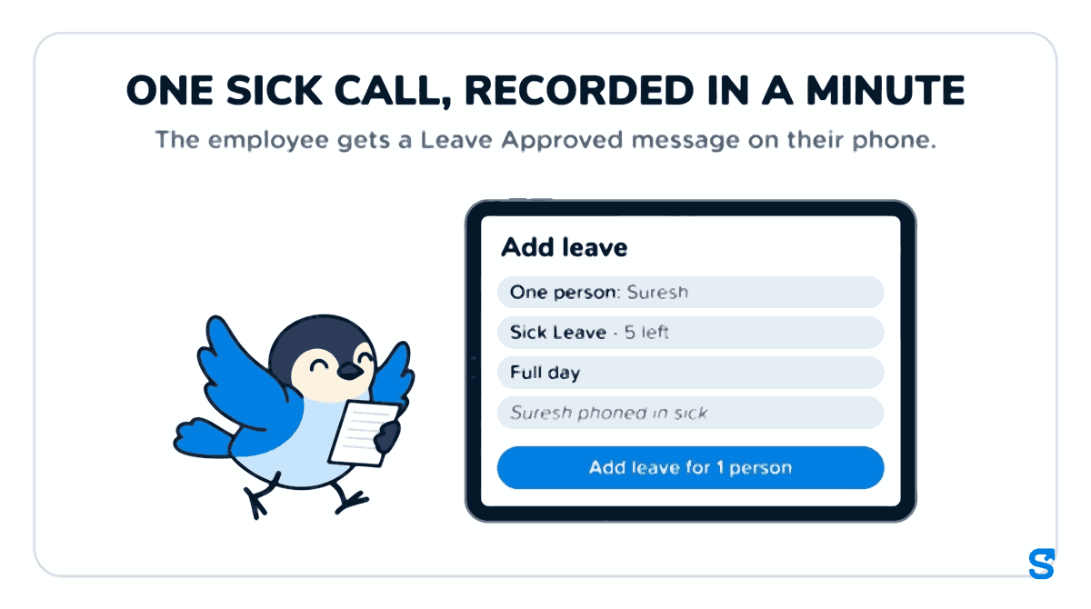 Flat infographic headed One sick call, recorded in a minute. A tablet shows the Add leave sheet: One person, Suresh; Sick Leave - 5 left; Full day; the note Suresh phoned in sick; and a blue Add leave for 1 person button. Chiri the bird walks towards it carrying a small paper note, the sick call written down. The subtitle says the employee gets a Leave Approved message on their phone.
