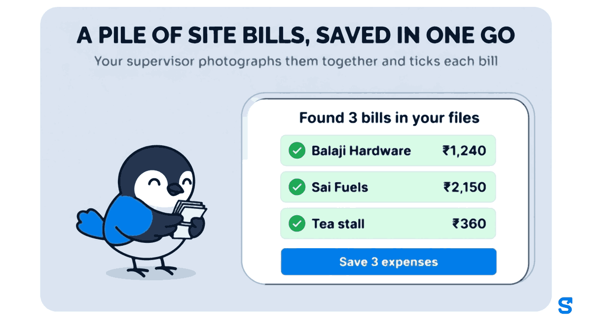 Flat illustration headed A PILE OF SITE BILLS, SAVED IN ONE GO. A wide phone shows Found 3 bills in your files with three ticked bill cards, Balaji Hardware ₹1,240, Sai Fuels ₹2,150 and Tea stall ₹360, and a blue Save 3 expenses button, while Chiri the bird carries a stack of paper bills towards it.