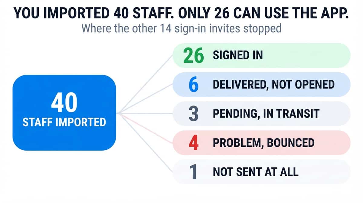 A figure headed YOU IMPORTED 40 STAFF. ONLY 26 CAN USE THE APP, with the line 'Where the other 14 sign-in invites stopped' beneath it. A blue panel reading 40 STAFF IMPORTED fans out to five pale chips giving the five states an invited employee can be in: 26 SIGNED IN in green, 6 DELIVERED, NOT OPENED in blue, 3 PENDING, IN TRANSIT in grey, 4 PROBLEM, BOUNCED in red, and 1 NOT SENT AT ALL in grey. The five numbers add up to the forty imported, and the last four add up to the fourteen who cannot yet use the app.