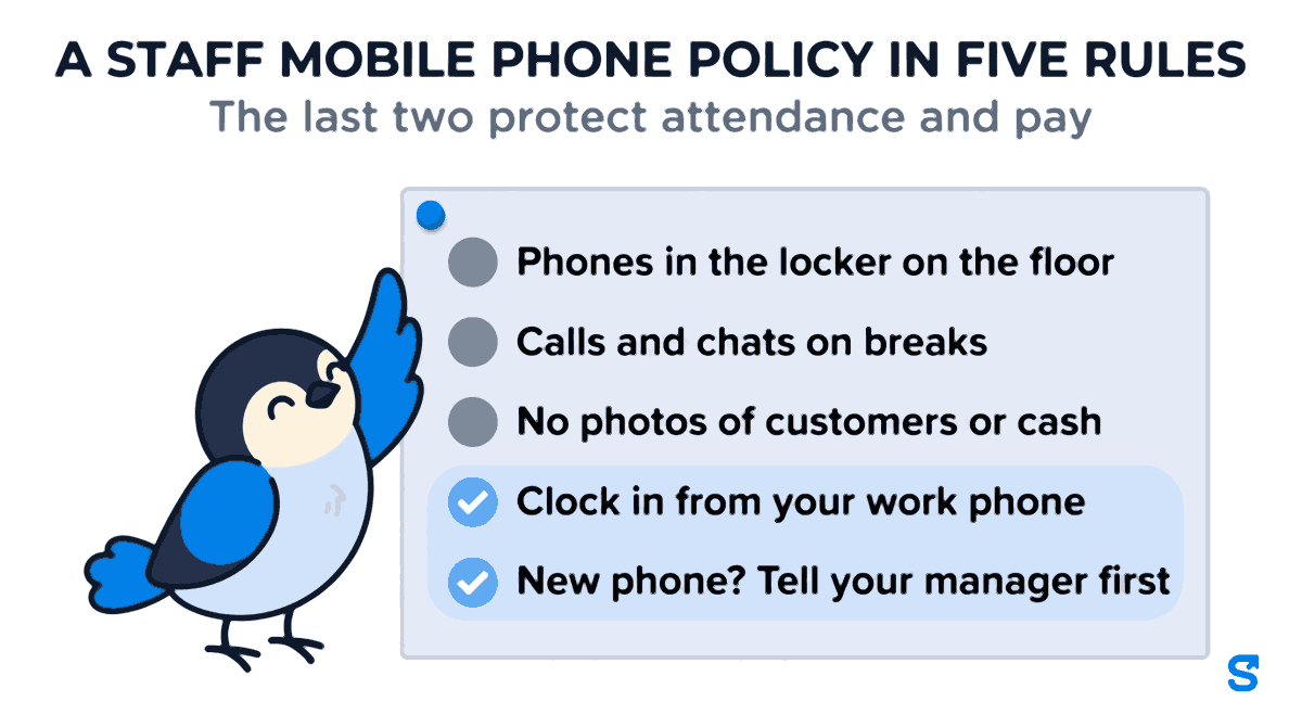Flat infographic titled A staff mobile phone policy in five rules: a white policy sheet pinned to a noticeboard lists Phones in the locker on the floor, Calls and chats on breaks, No photos of customers or cash, and two highlighted rules, Clock in from your work phone and New phone? Tell your manager first, while the Chiri bird presses a pin into the sheet.