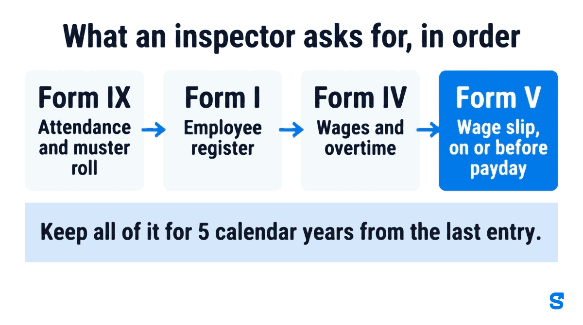 The four documents an inspector asks for under the 2026 rules, in the order they are created. Form nine is the attendance register and muster roll. Form one is the employee register. Form four is the register of wages, overtime, advances, fines and deductions. Form five is the wage slip, issued on or before payment. All of it must be kept for five calendar years from the last entry.