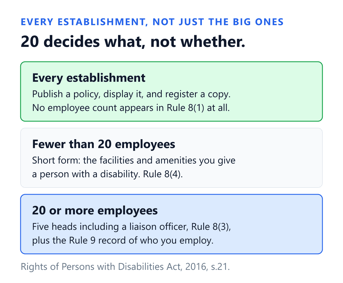 Who must publish an equal opportunity policy for persons with disabilities in India, under section 21 of the Rights of Persons with Disabilities Act, 2016 read with rule 8 of the Rights of Persons with Disabilities Rules, 2017. The top band states that every establishment must publish a policy, display it and register a copy, because rule 8 sub-rule 1 carries no employee count at all. The middle band covers a private establishment with fewer than twenty employees, which under rule 8 sub-rule 4 needs only the short form policy naming the facilities and amenities provided so a person with a disability can discharge their duties. The bottom band covers a private establishment with twenty or more employees and all government establishments, which under rule 8 sub-rule 3 must cover five heads including the appointment of a liaison officer, and must also keep the record of employees with disabilities required by rule 9.