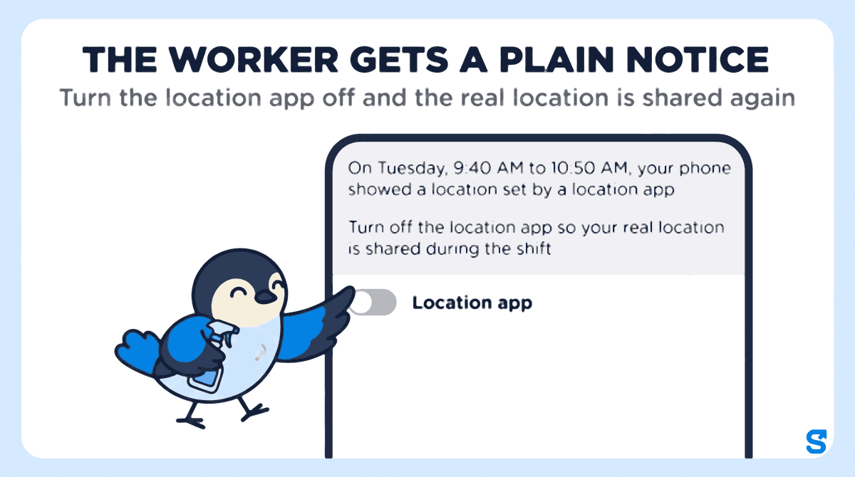 Flat illustration: a worker phone shows a Shiftelio notice reading On Tuesday, 9:40 AM to 10:50 AM, your phone showed a location set by a location app, then Turn off the location app so your real location is shared during the shift, and a Location app switch that Chiri the bird, holding a spray bottle, slides to off.