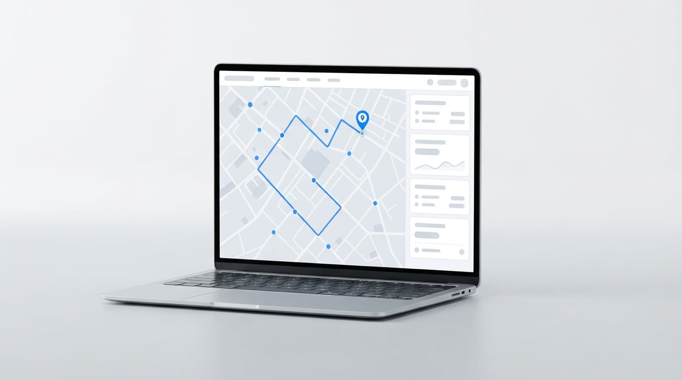 A laptop showing the web dashboard: a city map filling most of the screen with a blue GPS route trail and waypoint markers, and a sidebar of four summary cards.