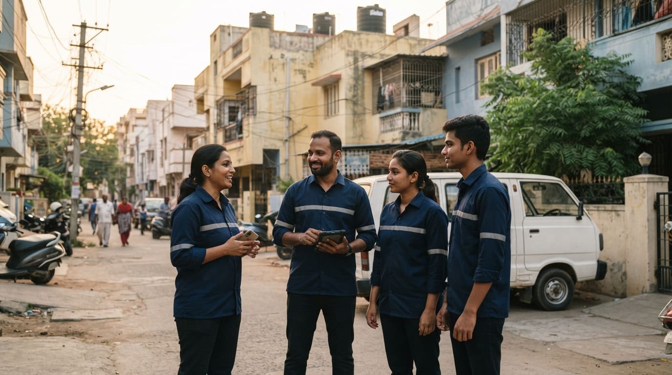 A field service team of two women and two men in matching navy uniforms stands talking beside a white van on an Indian residential street in late afternoon light.