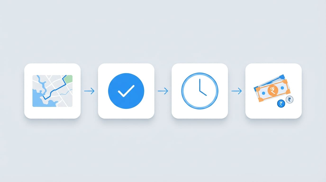 Four steps connected by arrows: a map with a GPS route, a blue verification tick, a clock face, then rupee notes and coins. Location becomes a verified session, then hours, then pay.