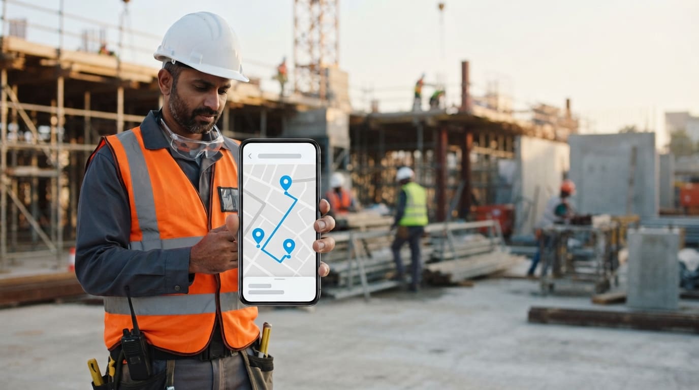 A site supervisor in a hard hat and high-visibility vest holds a phone at a construction site, the screen showing a live map with a blue route line and three location pins.