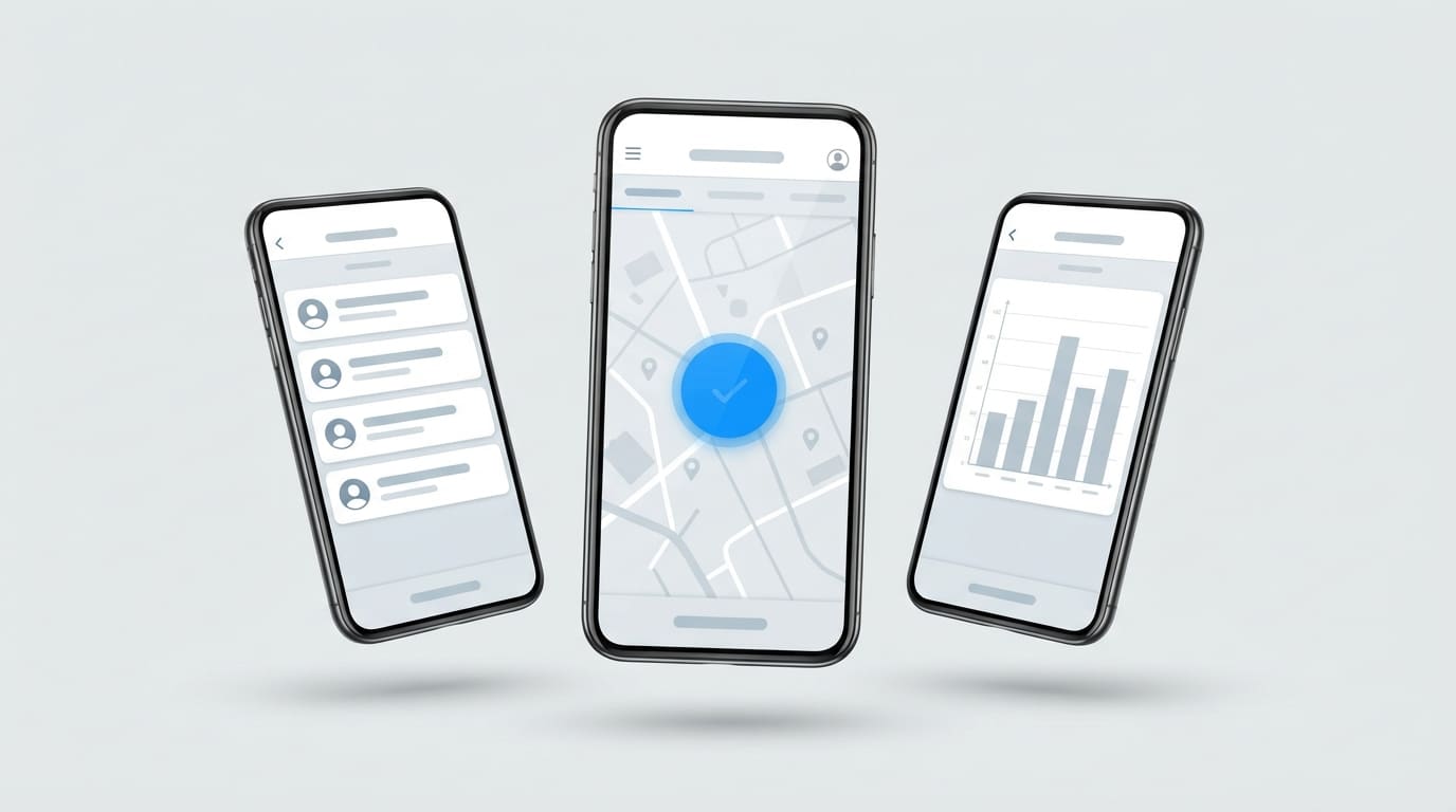 Three phone screens side by side: a staff list with avatars, a map with a large blue check-in button, and a bar chart of hours worked.
